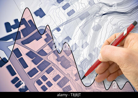 Imaginäre Kataster-karte des Territoriums mit Gebäuden, Straßen und hand Zeichnen eines Diagramms Fluktuation über den Wohnungsmarkt Stockfoto