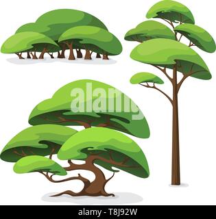 Eingestellt von Cartoon stilisierten Baum und Busch. Stock Vektor