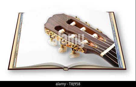 3D-Render eines hölzernen klassische Gitarre an öffnete Fotobuch auf weißem Hintergrund Stockfoto