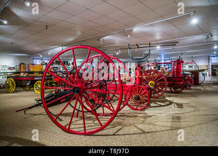 Kanada, Nova Scotia, Yarmouth, Feuerwehrmuseum von Nova Scotia, Anzeige der antiken Löschausrüstung Stockfoto