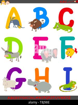 Cartoon Illustration von bunten Alphabet Set aus Buchstaben A bis I mit glücklichen Tier Zeichen Stock Vektor