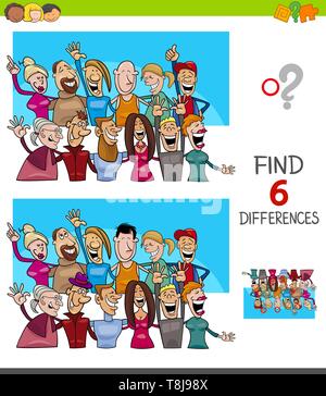 Cartoon Illustration des Findens von sechs Unterschiede zwischen den Bildern Lernspiel für Kinder mit Menschen Zeichen Gruppe Stock Vektor