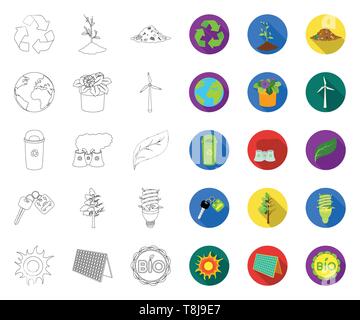 Bio und Ökologie Umrisse, Flachbild Symbole im Set Sammlung für Design. Ein ökologisch reines Produkt vektor Symbol lieferbar Abbildung. Stock Vektor