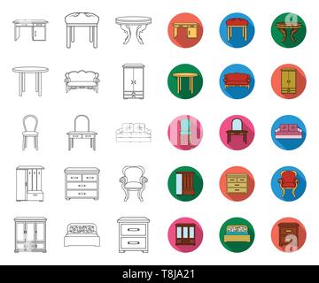 Möbel- und Innenausbau Umrisse, Flachbild Symbole im Set Sammlung für Design. Home möbel Vektor Symbol lieferbar Abbildung. Stock Vektor