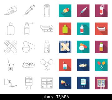 Medizin und Behandlung Umrisse, Flachbild Symbole im Set Sammlung für Design. Medizin und Ausrüstung vektor Symbol lieferbar Abbildung. Stock Vektor