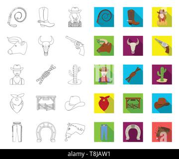 Rodeo, Wettbewerb skizzieren, Flachbild Symbole im Set Sammlung für Design. Cowboy und Ausrüstung vektor Symbol lieferbar Abbildung. Stock Vektor
