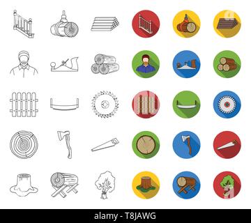 Sägewerk und Holz Umrisse, Flachbild Symbole im Set Sammlung für Design. Hardware und Tools vektor Symbol lieferbar Abbildung. Stock Vektor