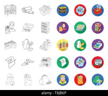 Supermarkt und Ausrüstung Umrisse, Flachbild Symbole im Set Sammlung für Design. Kauf von Produkten vektor Symbol lieferbar Abbildung. Stock Vektor