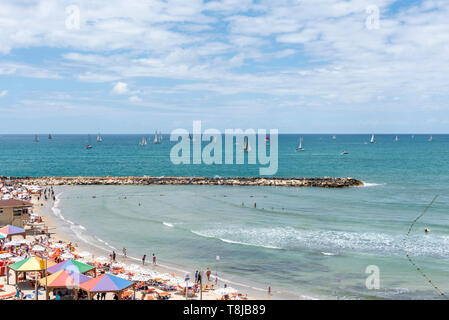 Israel, Tel Aviv-Yafo - 09. Mai 2019: Hilton Beach Stockfoto