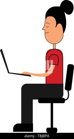 Eine Farbe Abbildung: ein Mädchen das Arbeiten am Computer, Vector, Farbe, Zeichnung oder Abbildung. Stock Vektor