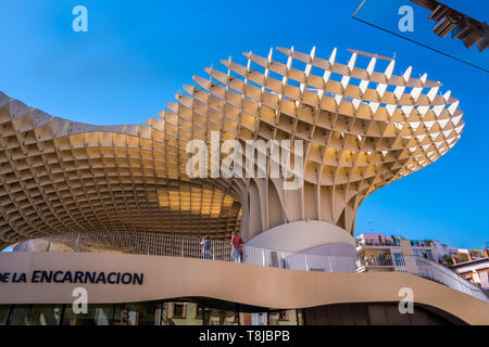 Sevilla, Spanien am 8. Mai 2019: Details der Metropol Parasol, Setas de Sevilla, das größte hölzerne Struktur in der Welt, an der Plaza de la E Stockfoto