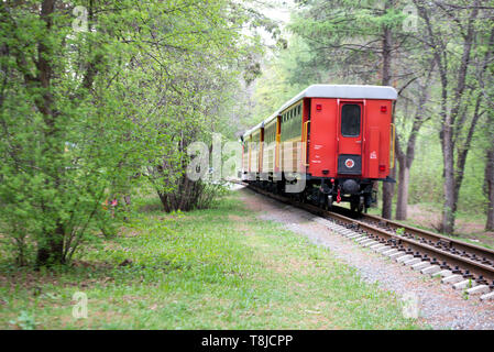 Die Rückseite des Zuges mit einem roten Wagen am Ende der Straße durch eine wunderschöne Landschaft, Eisenbahn. Das letzte Auto der abgehenden Zug Stockfoto