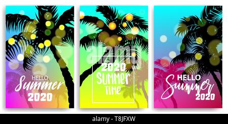 Verschwommen Gruß Hallo Sommer Banner. Vintage Retro Ferienhäuser Poster. Set Saison werben Verkauf vektor Hintergründe. Sunset, Sunrise Tropical trave Stock Vektor