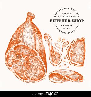 Retro vektor Fleisch Abbildung. Hand gezeichnet, Schinken Scheiben Schinken, Gewürze und Kräuter. Raw Food Ingredients. Vintage Skizze. Können Sie für die Beschriftung sein, Restaurant m Stock Vektor