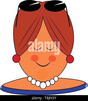 Eine dicke Frau mit weißen Halsband, mit Brille auf dem Kopf, mit Ohrringe, trug einen roten Turban, die Augen geschlossen, lächelnd, Vector, Farbe, Zeichnung oder illust Stock Vektor