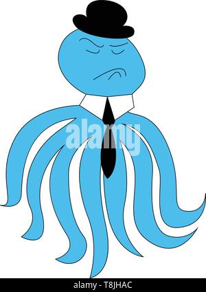 Blue Octopus mit sieben Tentakel, einen Hut und einen Riegel, Vector, Farbe, Zeichnung oder Abbildung. Stock Vektor