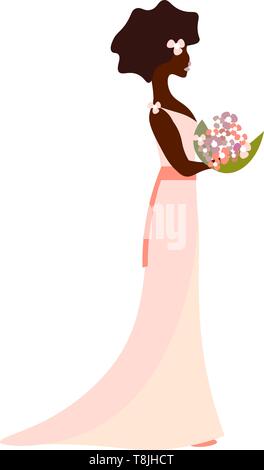 Braut mit ihrem Brautstrauß in ihrem rosa Kleid, Vector, Farbe, Zeichnung oder Abbildung. Stock Vektor