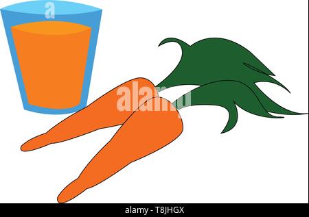 Ein Glas Karottensaft neben zwei Karotten, Vector, Farbe, Zeichnung oder Abbildung. Stock Vektor