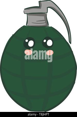 Eine grüne Granate mit grau-pin, hat ein Gesicht mit schwarzen und weißen Augen, rosa Wangen und schwarz Lippe., Vector, Farbe, Zeichnung oder Abbildung. Stock Vektor