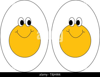 Zwei lächelnde Eier mit gelben Dotter, Vector, Farbe, Zeichnung oder Abbildung. Stock Vektor