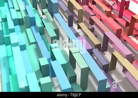 Eine 3D-Abbildung in pastell Regenbogenfarben farbige geometrische ribbon Hintergrund. Diagonal von oben links nach rechts unten. Stockfoto