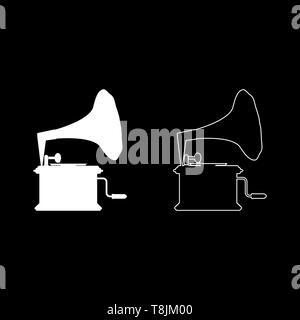 Phonograph Grammophon vintage Plattenspieler für Schallplatten Symbol outline weiß Vektor-illustration Flat Style einfach Bild einstellen Stock Vektor