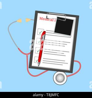 Krankenversicherung bilden. Vector Illustration Dokument die klinischen Daten, die Verordnung, die medizinische Häkchen in einem flachen Stil auf Hintergrund Bericht. Stock Vektor