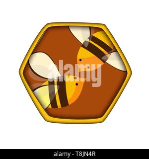 Honey Comb Symbol mit Bienen. Carving Stil, beekeepink Logo. Vector Illustration für Honig Produktion Verpackung Stock Vektor