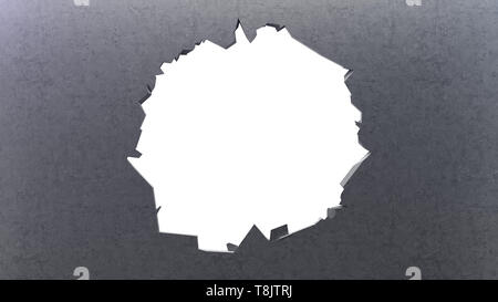 Beton Wand zerspringt in tausend kleine Stücke. Rissige Erde, abstrakten Hintergrund. Explosion, Zerstörung, gebrochen, Betonwand. Isoliert auf Stockfoto