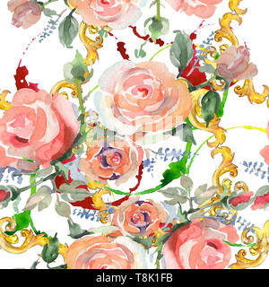 Rose Bouquet blumig botanischen Blumen. Aquarell Hintergrund Abbildung. Nahtlose Muster. Stockfoto