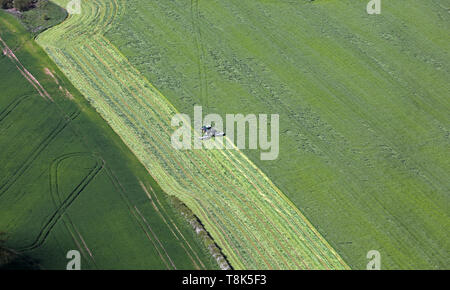 Luftaufnahme von einem Landwirt Schneiden von Gras für Heu oder Silage in Cheshire, Großbritannien Stockfoto