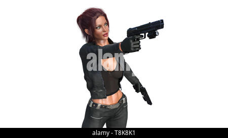 Aktion Mädchen Schießen Kanonen, rothaarige Frau in Lederkombi Hand Waffen auf weißem Hintergrund, 3D-Rendering Stockfoto