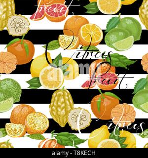 Nahtlose Muster mit Zitrusfrüchten auf einem weißen und schwarzen Hintergrund. Vector Illustration für Ihr Design Stock Vektor