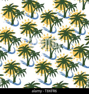 Palmen, Sonne und Wellen muster textur Design, Vektor, Abbildung. Tropischen drucken für textile Design Stock Vektor