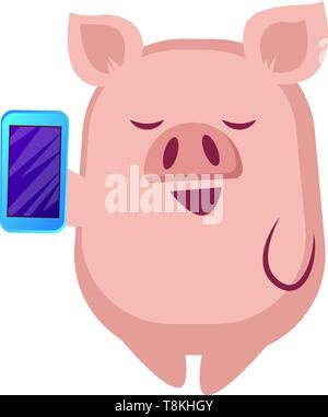 Piggy ist mit Handy, Illustration, Vektor auf weißem Hintergrund. Stock Vektor