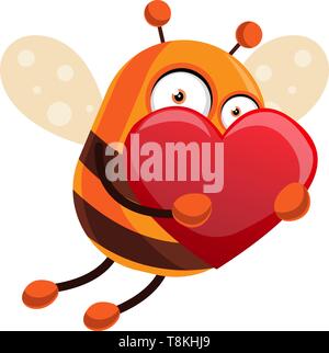 Bee ist mit einem großen roten Herz, Illustration, Vektor auf weißem Hintergrund. Stock Vektor