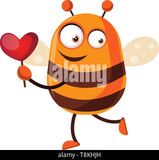 Biene hält ein kleines Herz, Illustration, Vektor auf weißem Hintergrund. Stock Vektor