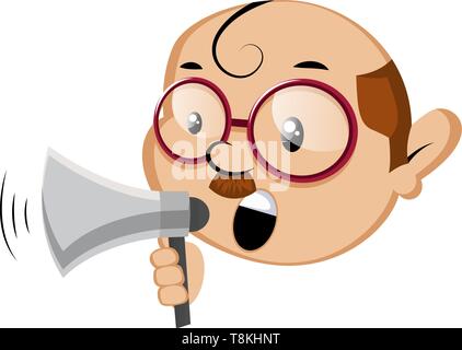 Lustige Menschen emoji Holding ein Megaphon, Illustration, Vektor auf weißem Hintergrund. Stock Vektor