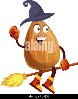 Mandel reiten Besen mit Hexen Hut auf, Illustration, Vektor auf weißem Hintergrund. Stock Vektor