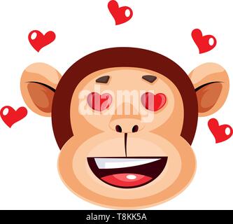 Monkey glücklich mit Herzen, Illustration, Vektor auf weißem Hintergrund. Stock Vektor