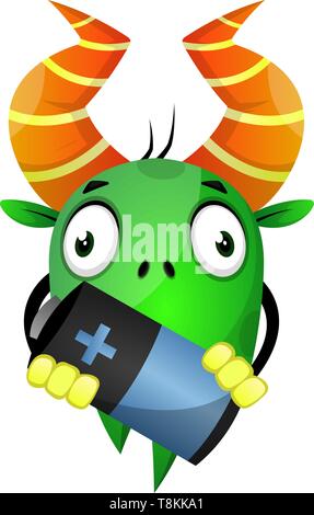 Cartoon Monster Holding eine Batterie, Illustration, Vektor auf weißem Hintergrund. Stock Vektor