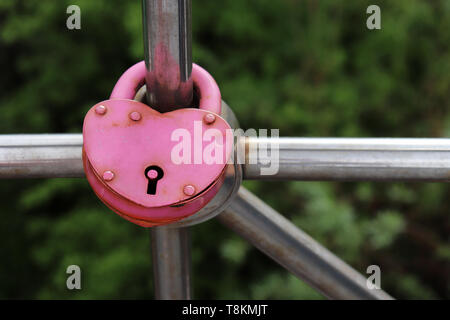 Alte rosa Vorhängeschloss Herz auf einer Brücke geprägt. Symbol für die ewige Liebe in einem Park auf grüne Natur Hintergrund Stockfoto