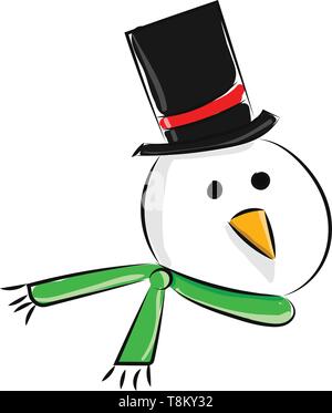 Ein Schneemann Kopf trägt einen schwarzen und roten Hut und ein grüner Schal, Vector, Farbe, Zeichnung oder Abbildung. Stock Vektor