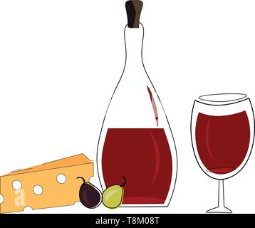Eine Flasche Wein, Wein, Käse und schwarze und grüne Trauben, Vector, Farbe, Zeichnung oder Abbildung. Stock Vektor