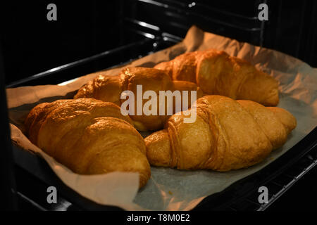 Leckere Croissants auf Backblech im Ofen Stockfoto