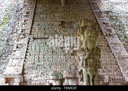 Hieroglyphentreppe, eine Treppe mit Text Detail der antiken Maya-Zivilisation. Weltberühmte Ruinen von Copan oder archäologische Stätte von Ruinas in Honduras Stockfoto