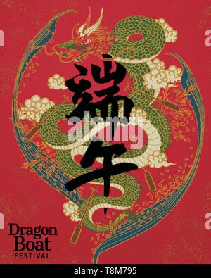 Legende Kreatur Dragon und Paddel Abbildung, Dragon boat festival Kalligraphie in der chinesischen Schrift auf rotem Hintergrund Stock Vektor