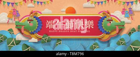 Happy Dragon boat festival in chinesischen Schriftzeichen geschrieben mit niedlichen Drachen Stock Vektor