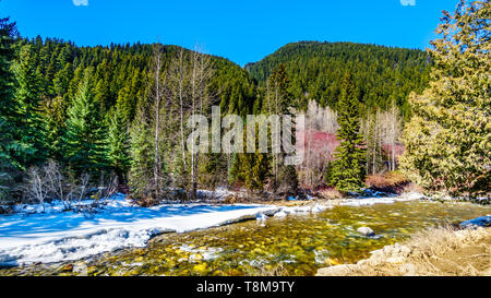 Teilweise Aussprache cayoosh Creek, die in den meisten Fällen läuft neben der Autobahn 99, die duffey Lake Road, zwischen Pemberton und Lillooet im südlichen BC eingefroren Stockfoto