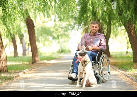 Junger Mann im Rollstuhl und seinen Dienst Hund im Freien Stockfoto